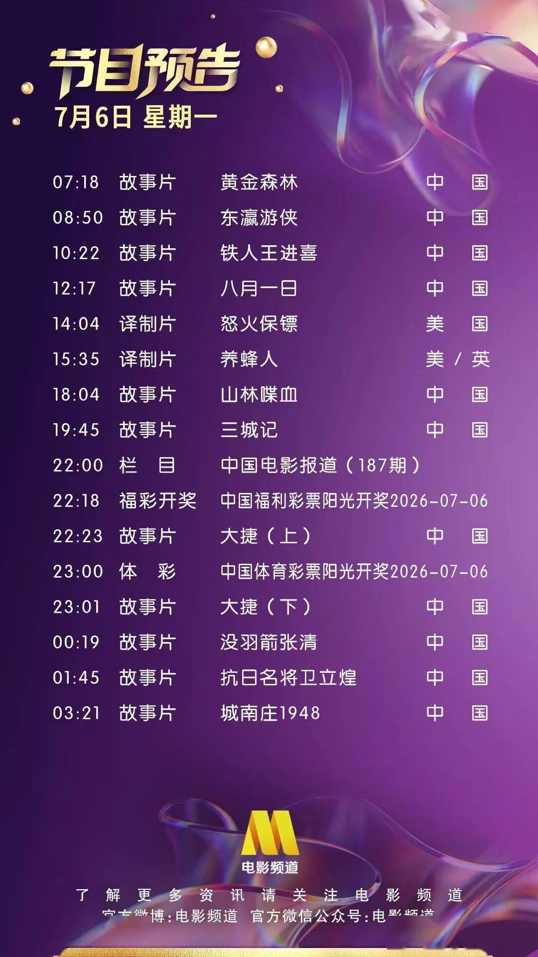7月6日(星期一)CCTV6节目预告封面图